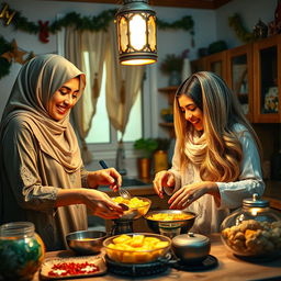 A tall woman wearing a beautiful hijab and a woman with silky, flowing hair are joyfully making Qatayef in a cozy kitchen