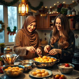 A tall woman wearing a beautiful hijab and a woman with silky, flowing hair are joyfully making Qatayef in a cozy kitchen