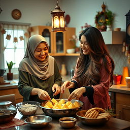 A tall woman wearing a beautiful hijab and a woman with silky, flowing hair are joyfully making Qatayef in a cozy kitchen