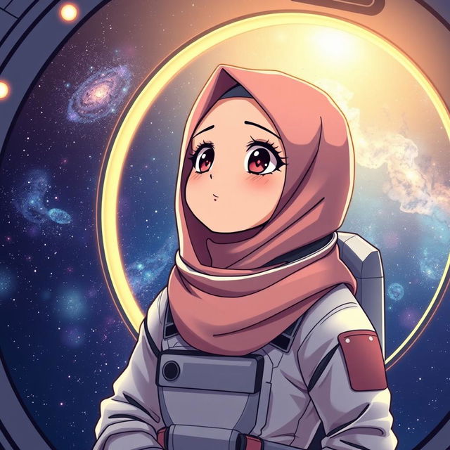 an anime-style illustration of a woman in a hijab dressed as an astronaut