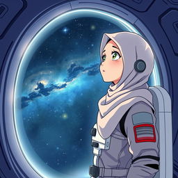 an anime-style illustration of a woman in a hijab dressed as an astronaut