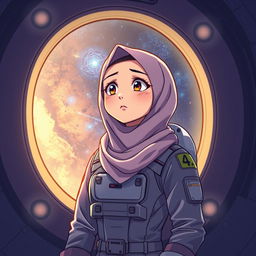 an anime-style illustration of a woman in a hijab dressed as an astronaut