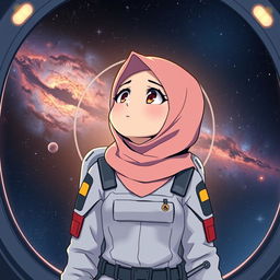 an anime-style illustration of a woman in a hijab dressed as an astronaut