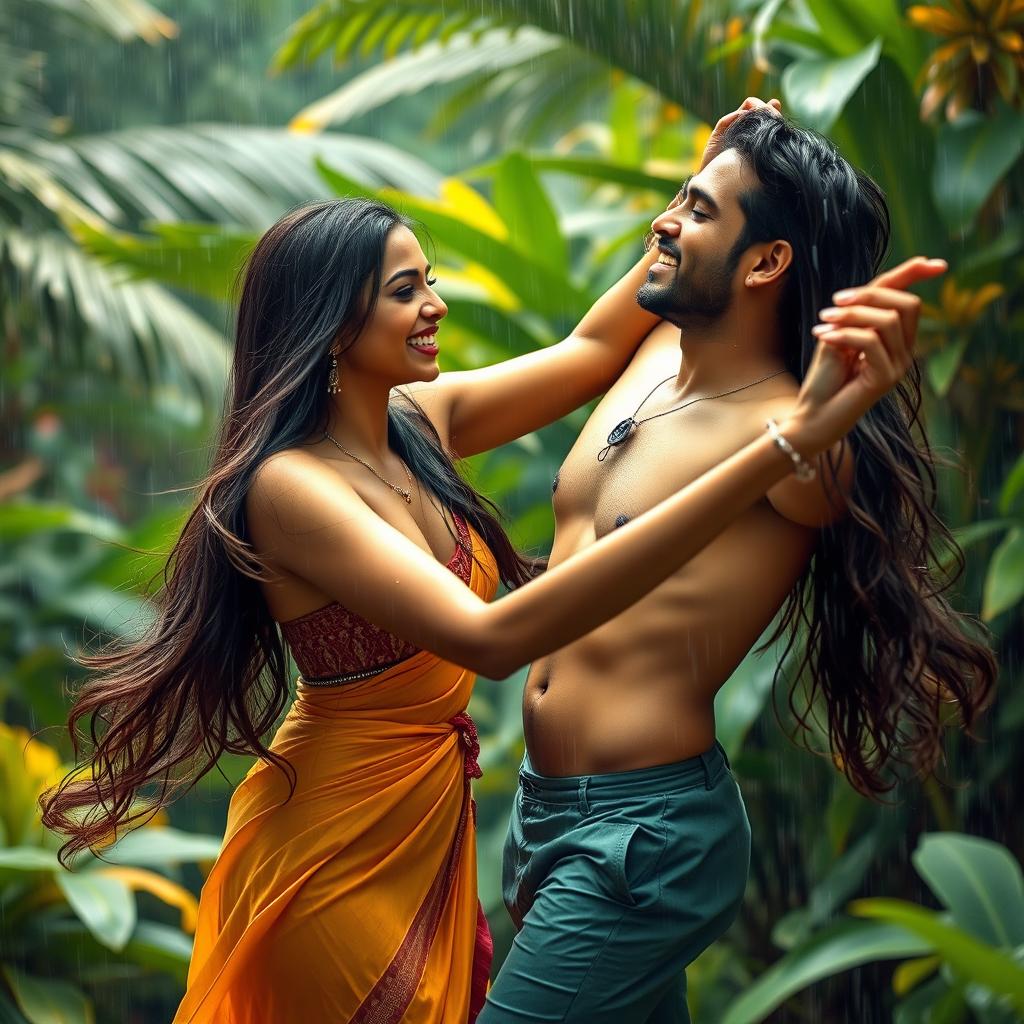 A beautiful Indian woman and her boyfriend joyfully dancing in the rain, both elegantly nude, celebrating their love and freedom