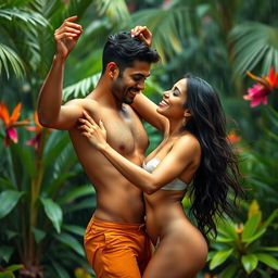 A beautiful Indian woman and her boyfriend joyfully dancing in the rain, both elegantly nude, celebrating their love and freedom