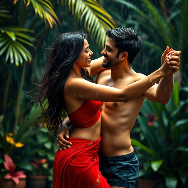 A beautiful Indian woman and her boyfriend joyfully dancing in the rain, both elegantly nude, celebrating their love and freedom