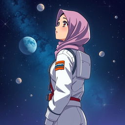 Anime-style image of a woman in a hijab, dressed as an astronaut, standing in space