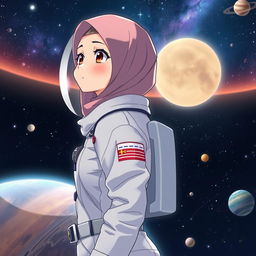 Anime-style image of a woman in a hijab, dressed as an astronaut, standing in space