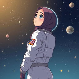 Anime-style image of a woman in a hijab, dressed as an astronaut, standing in space