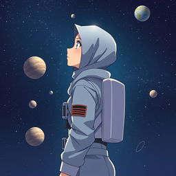 Anime-style image of a woman in a hijab, dressed as an astronaut, standing in space