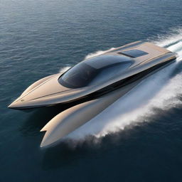 Visualize a high-speed luxury boat with the sleek, aerodynamic design features and classic colors of a Lotus supercar