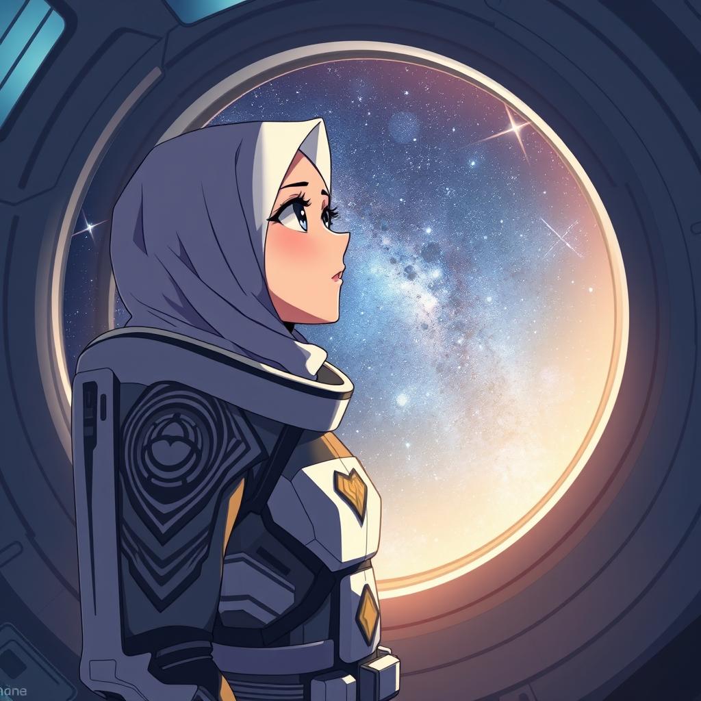 An anime scene featuring a woman wearing a hijab and dressed as an astronaut