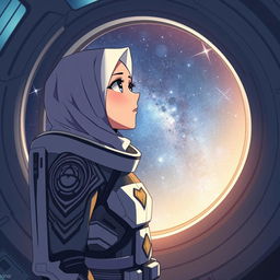 An anime scene featuring a woman wearing a hijab and dressed as an astronaut