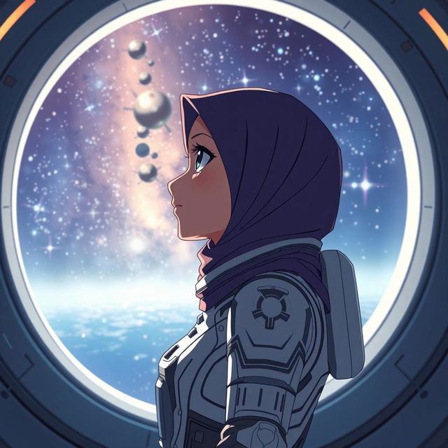 An anime scene featuring a woman wearing a hijab and dressed as an astronaut