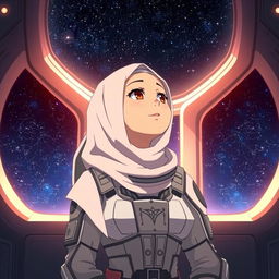 An anime scene featuring a woman wearing a hijab and dressed as an astronaut