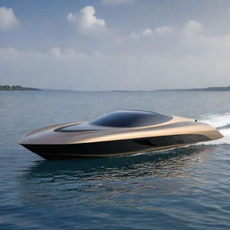 Visualize a high-speed luxury boat with the sleek, aerodynamic design features and classic colors of a Lotus supercar