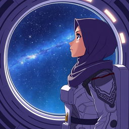 An anime scene featuring a woman wearing a hijab and dressed as an astronaut