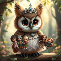 A cute baby owlbear, donned in an elegant princess dress and a sparkling tiara