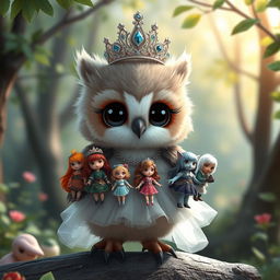 A cute baby owlbear, donned in an elegant princess dress and a sparkling tiara