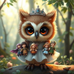 A cute baby owlbear, donned in an elegant princess dress and a sparkling tiara