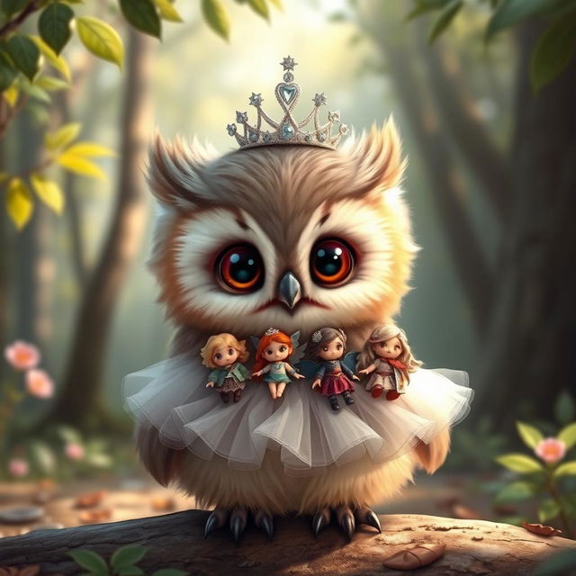 A cute baby owlbear, donned in an elegant princess dress and a sparkling tiara