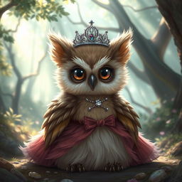 A charming baby owlbear dressed in a lavish princess gown and a sparkling tiara