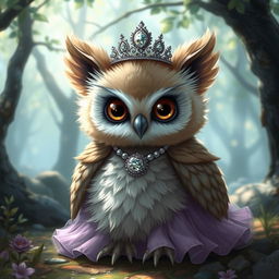 A charming baby owlbear dressed in a lavish princess gown and a sparkling tiara