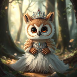 A charming baby owlbear dressed in a lavish princess gown and a sparkling tiara