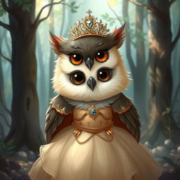 A charming baby owlbear dressed in a lavish princess gown and a sparkling tiara