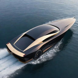 Visualize a high-speed luxury boat with the sleek, aerodynamic design features and classic colors of a Lotus supercar