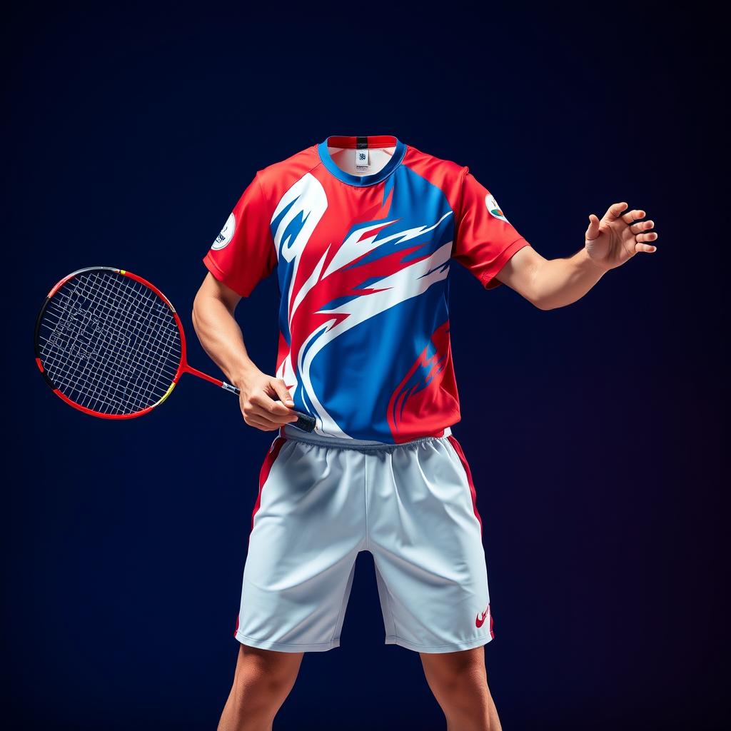 A dynamic badminton outfit centered around a red, blue, and white theme