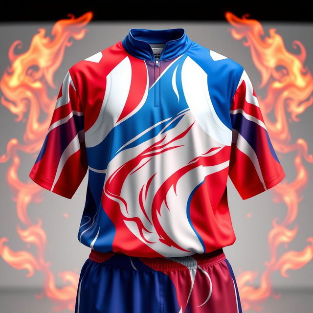 A dynamic badminton outfit centered around a red, blue, and white theme