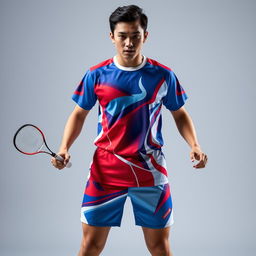 A dynamic badminton outfit centered around a red, blue, and white theme