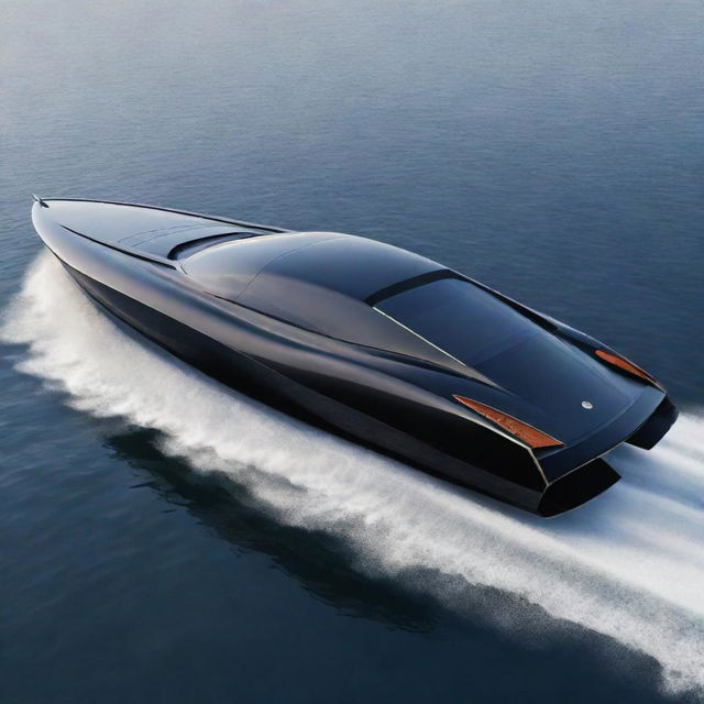 Visualize a high-speed luxury boat with the sleek, aerodynamic design features and classic colors of a Lotus supercar