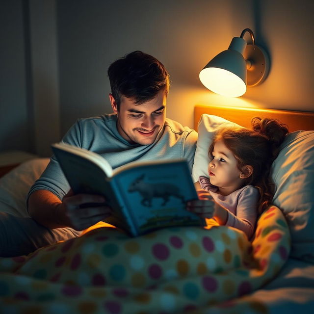 A loving father reading a storybook to his young daughter before bedtime in a cozy bedroom setting