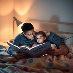 A loving father reading a storybook to his young daughter before bedtime in a cozy bedroom setting