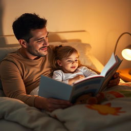 A loving father reading a storybook to his young daughter before bedtime in a cozy bedroom setting