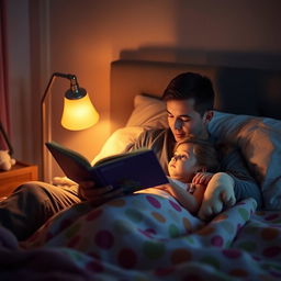 A loving father reading a storybook to his young daughter before bedtime in a cozy bedroom setting