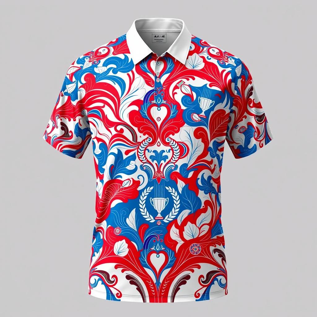 A badminton shirt featuring a striking full-gar pattern in red, blue, and white