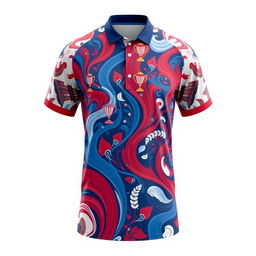 A badminton shirt featuring a striking full-gar pattern in red, blue, and white