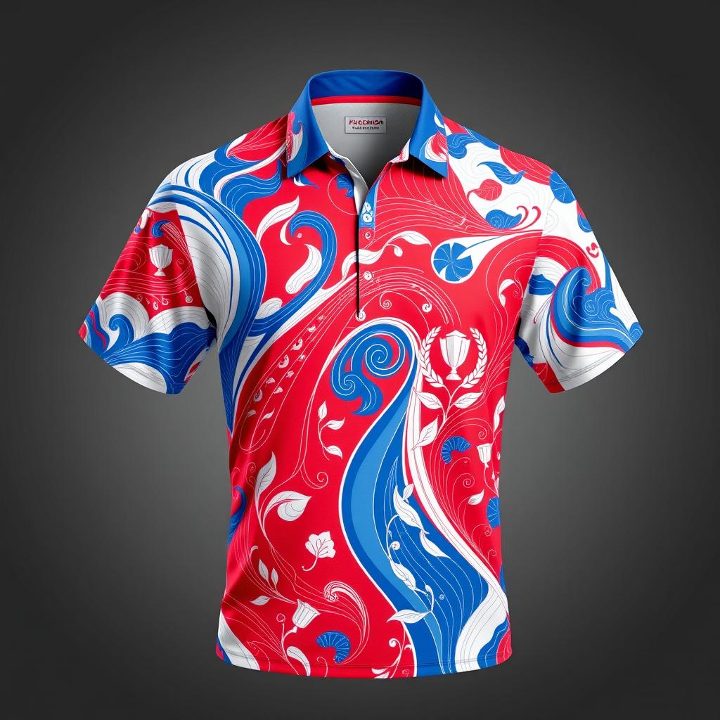 A badminton shirt featuring a striking full-gar pattern in red, blue, and white