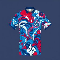 A badminton shirt featuring a striking full-gar pattern in red, blue, and white