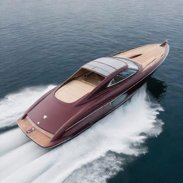 A luxury speed boat featuring the elegant design, classic colors, and distinctive logo of an Aston Martin supercar