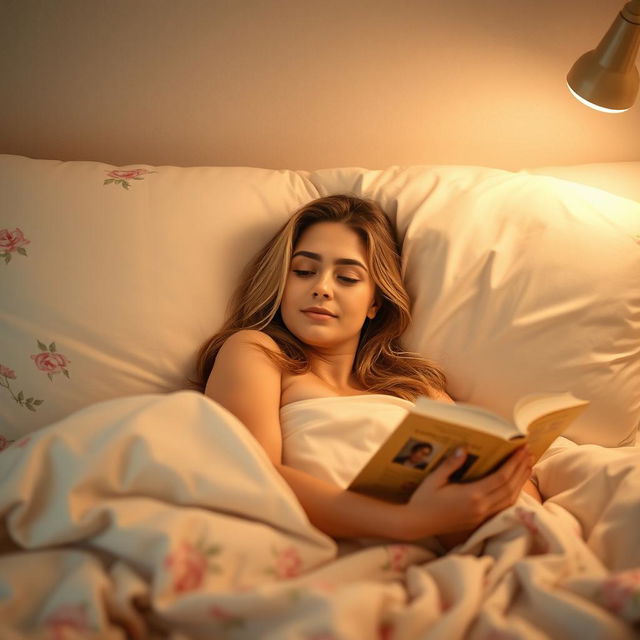 A serene and beautiful adult woman lounging comfortably in a bed with fluffy pillows and a warm blanket