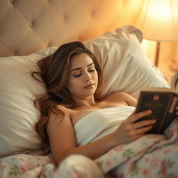 A serene and beautiful adult woman lounging comfortably in a bed with fluffy pillows and a warm blanket