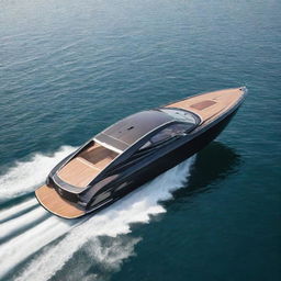 A luxury speed boat featuring the elegant design, classic colors, and distinctive logo of an Aston Martin supercar