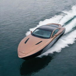 A luxury speed boat featuring the elegant design, classic colors, and distinctive logo of an Aston Martin supercar