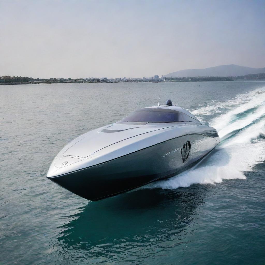 A high-speed luxury boat carrying the timeless elegance, sleek design, and iconic logo of a Jaguar supercar