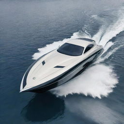 A high-speed luxury boat carrying the timeless elegance, sleek design, and iconic logo of a Jaguar supercar