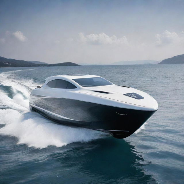 A high-speed luxury boat carrying the timeless elegance, sleek design, and iconic logo of a Jaguar supercar